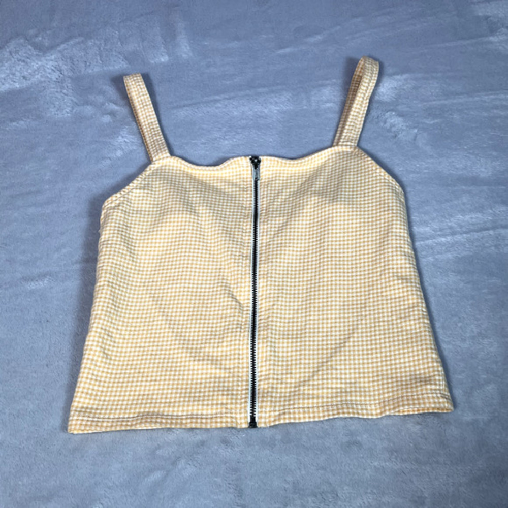 American Eagle Tank Top‎ Womens Size XS Yellow White Gingham Crop Zip Festival